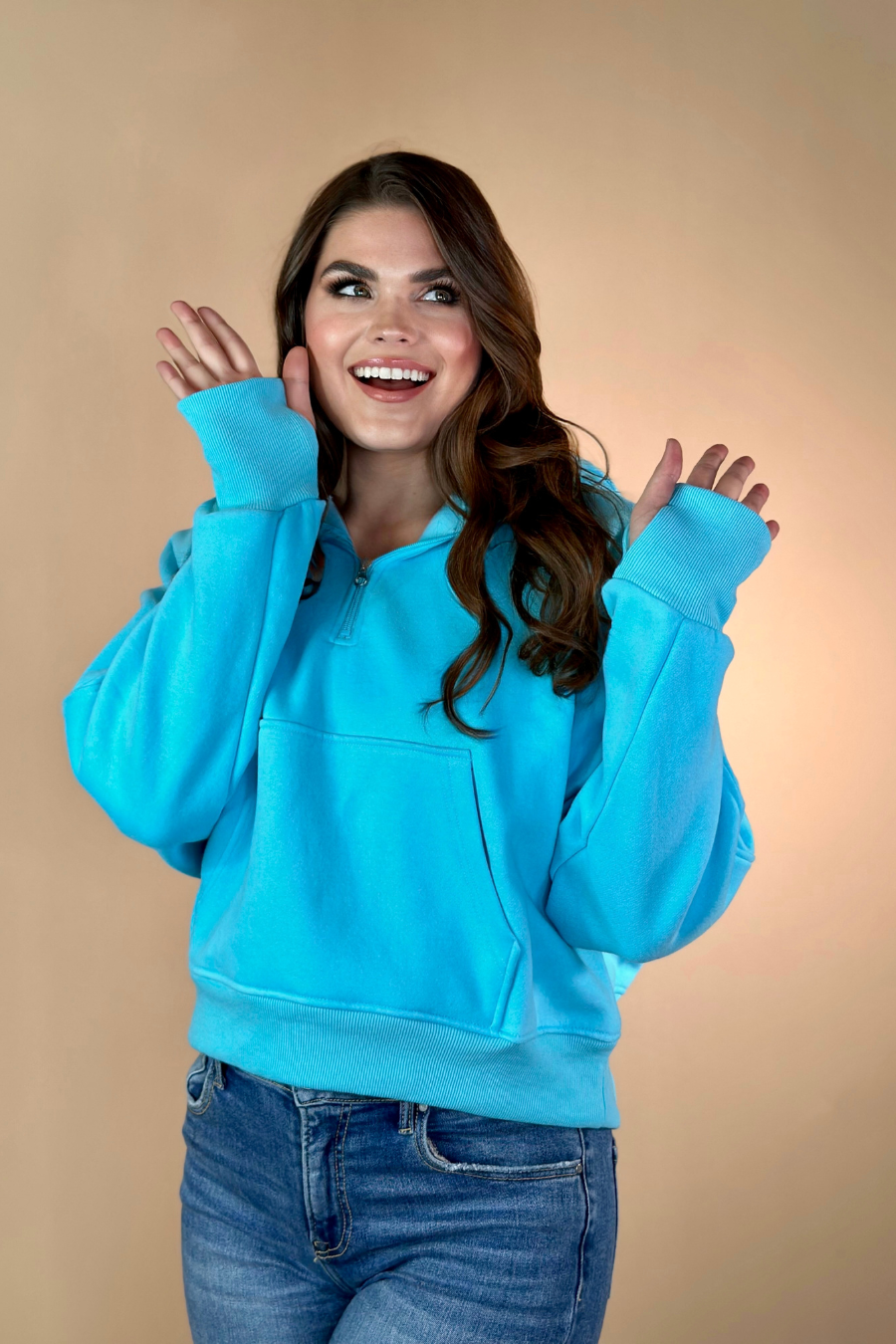 Kenna Hooded Quarter Zip Pullover: Aqua