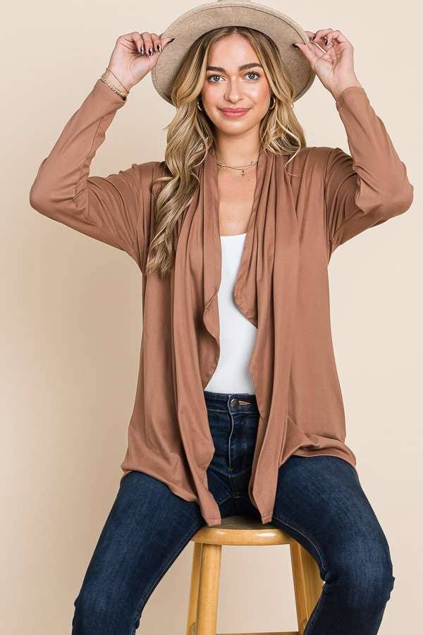 Drape Open-Front Long Sleeve Cardigan (Olive)