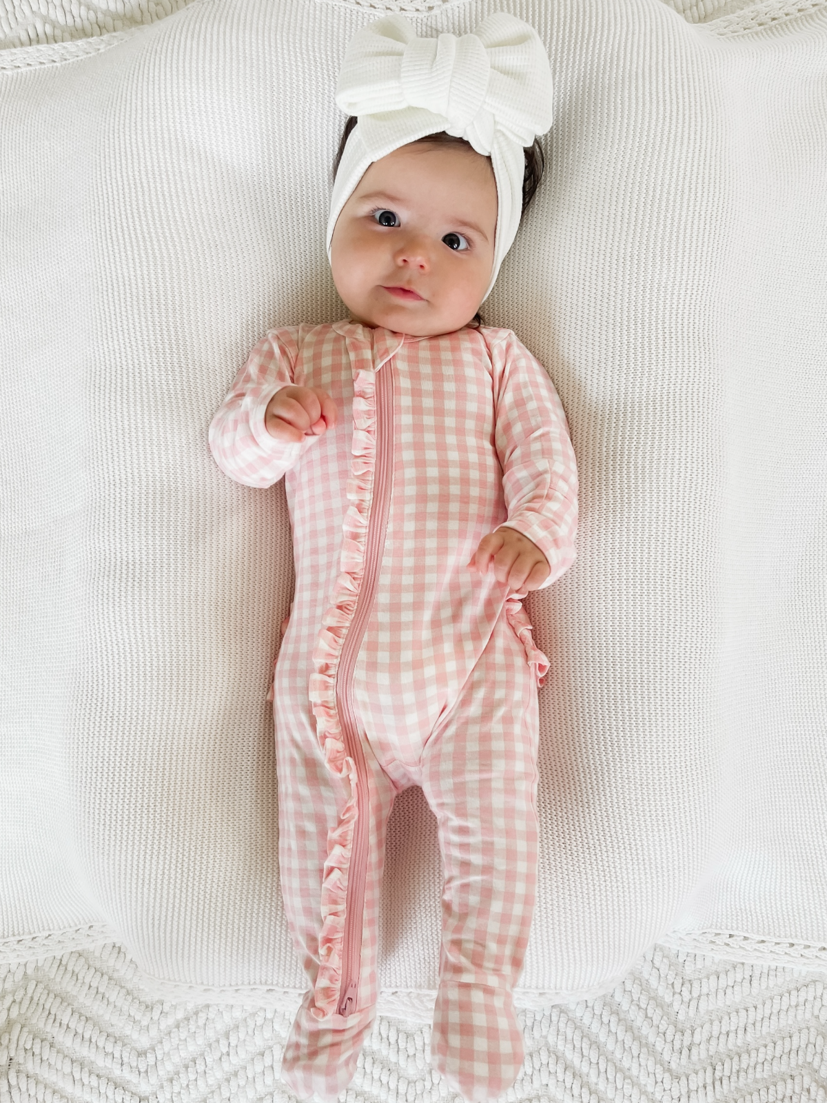 2-Way Zip Ruffle Footie, Pink Gingham: 0 - 3 mo.