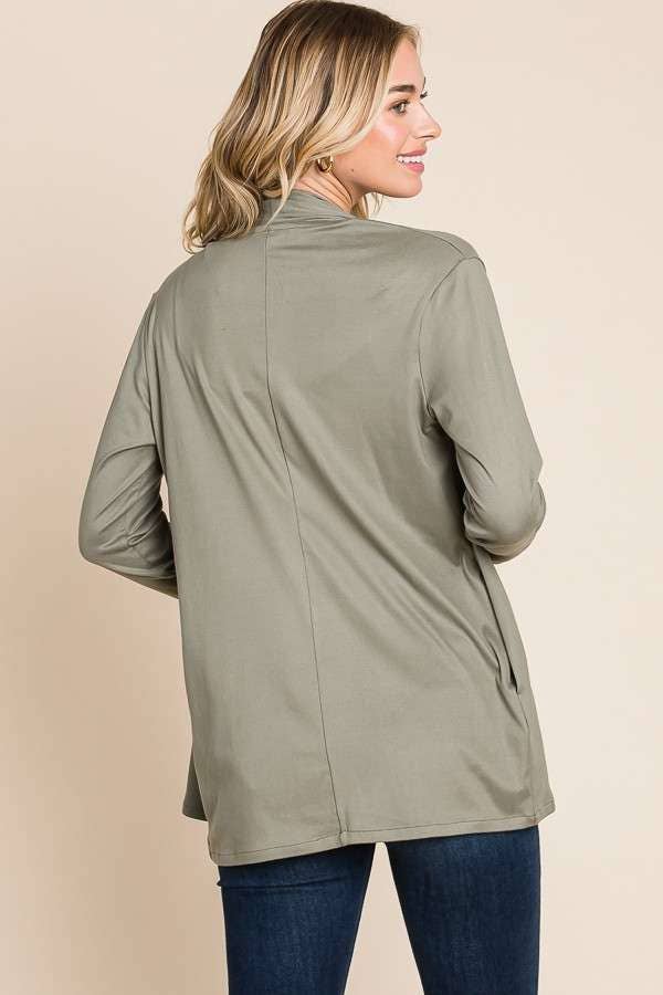 Drape Open-Front Long Sleeve Cardigan (Olive)