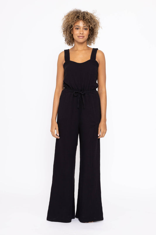 Gauze Wide Leg Jumpsuit: Black