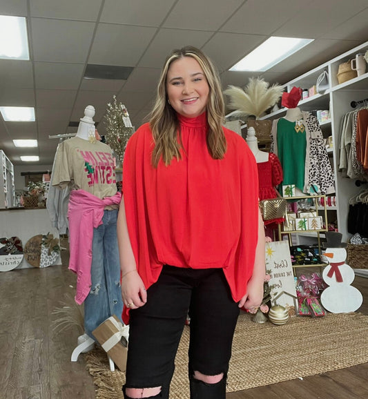 Textured Mock Neck Top in Red