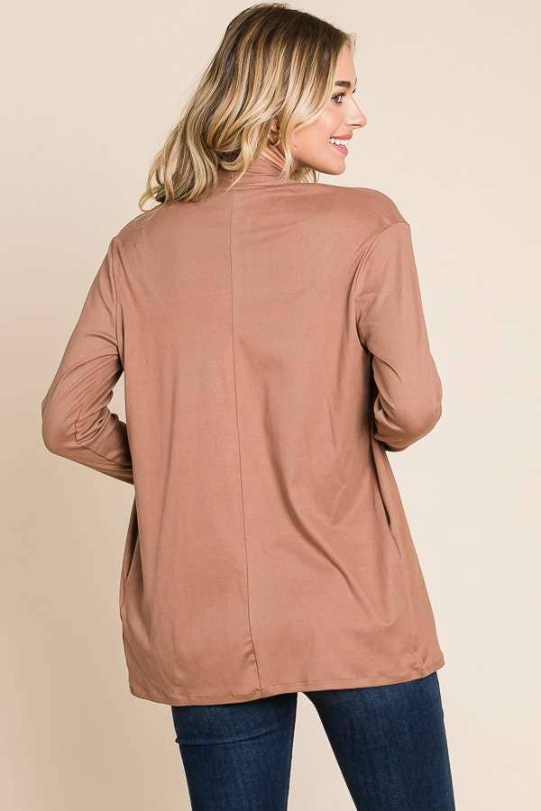 Drape Open-Front Long Sleeve Cardigan (Olive)