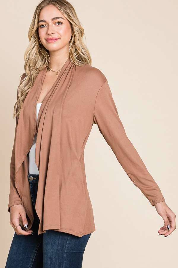 Drape Open-Front Long Sleeve Cardigan (Olive)