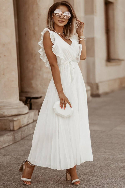 V Neck Pleated Dress (White)