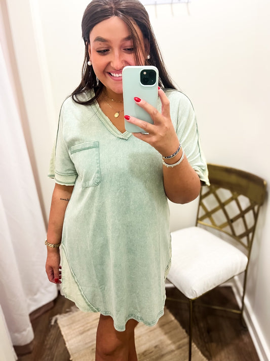 Washed V Neck Dress (Sage)