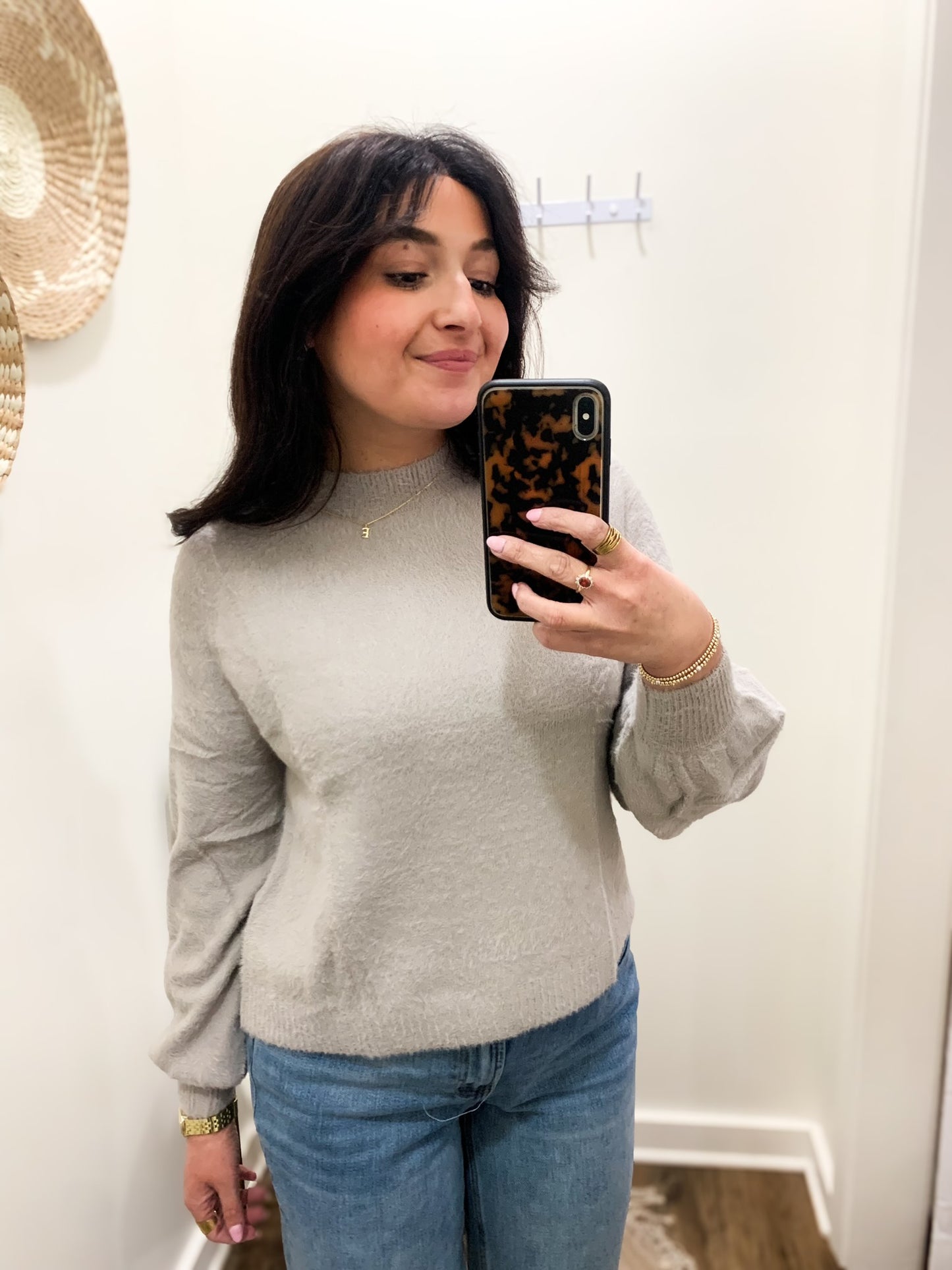 Cropped Feather Knit Sweater (Overcast)