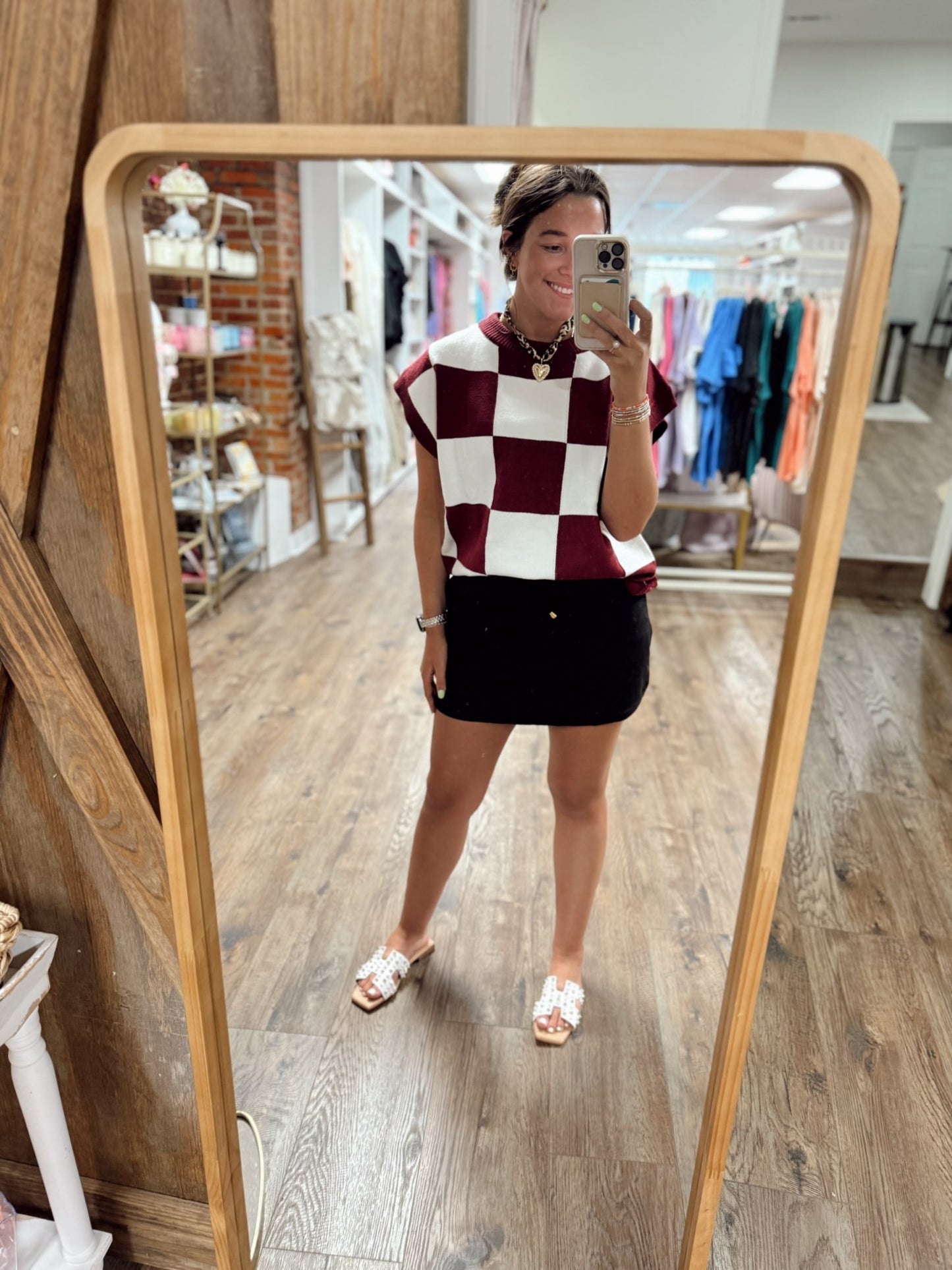 Checkered Knit Top (Maroon/White)