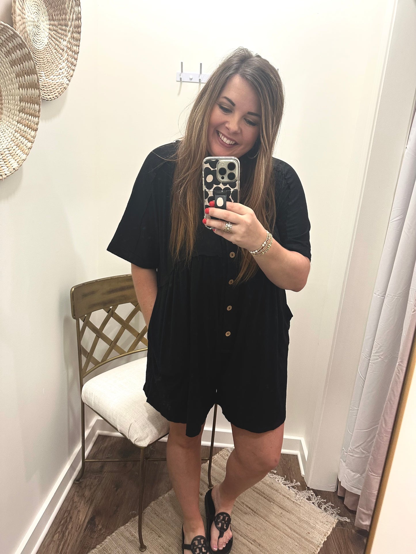 Knit Button Down Romper (Black)