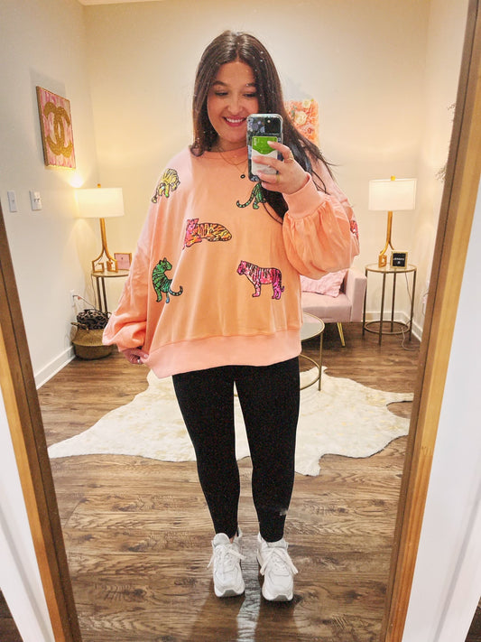 Multi Color Sequin Tiger Sweatshirt: Peach