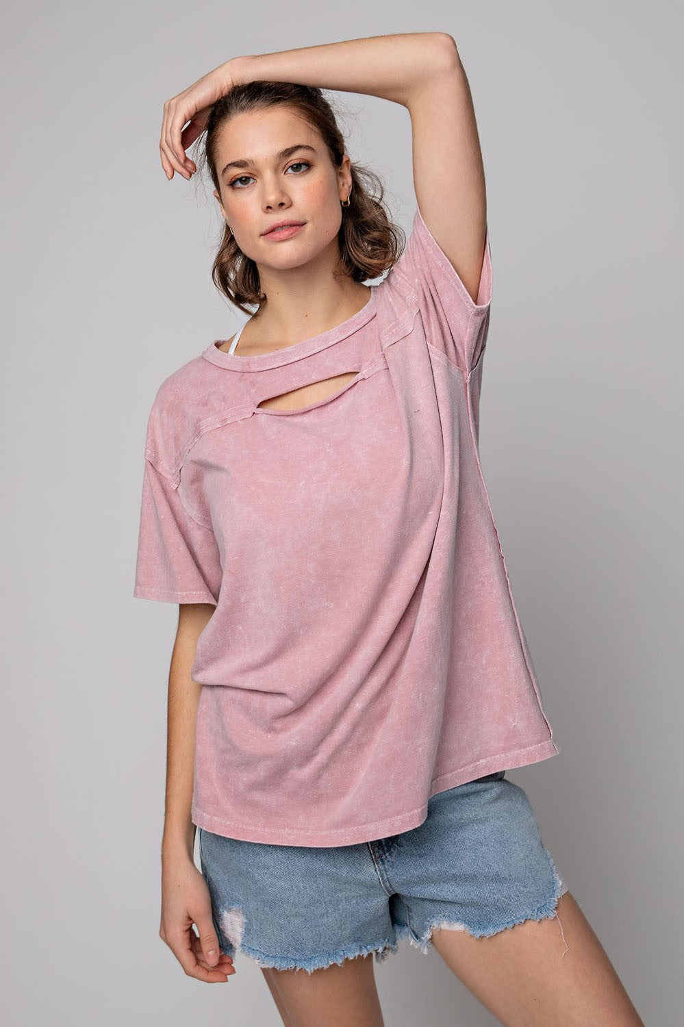 Mineral Wash Short Sleeve Keyhole Top