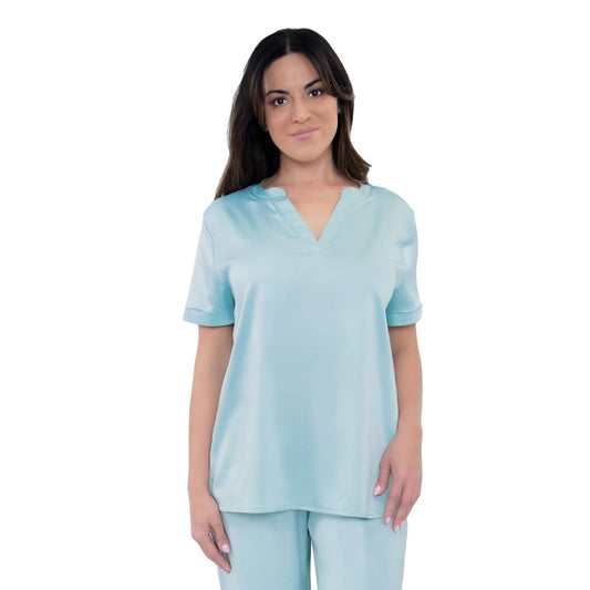 PJS: Sea Glass Satin S/S V neck Top