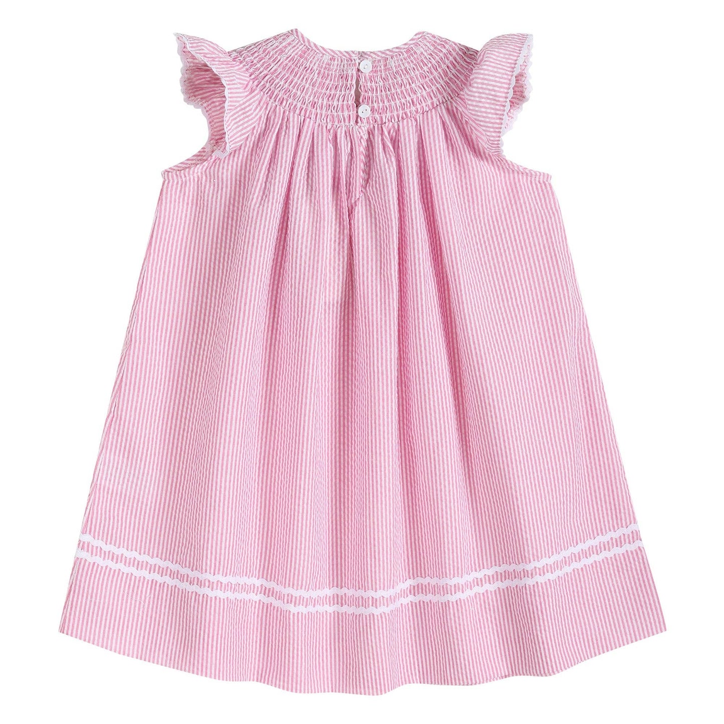 Pink Seersucker Running Bunnies Smocked Bishop Dress