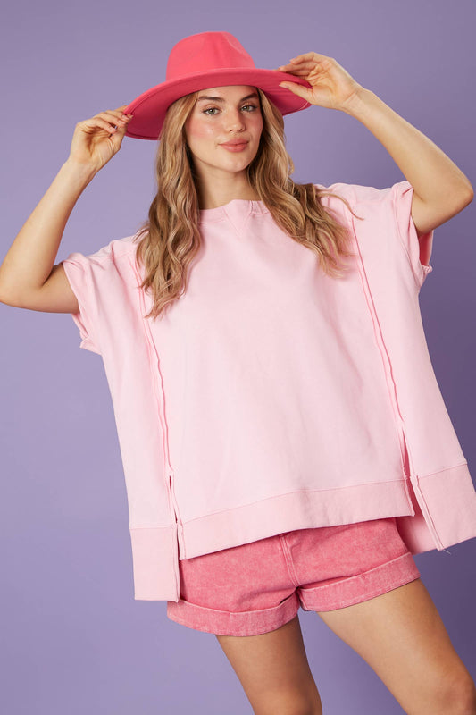 Raw Edge Loose Fit Top: LT PINK