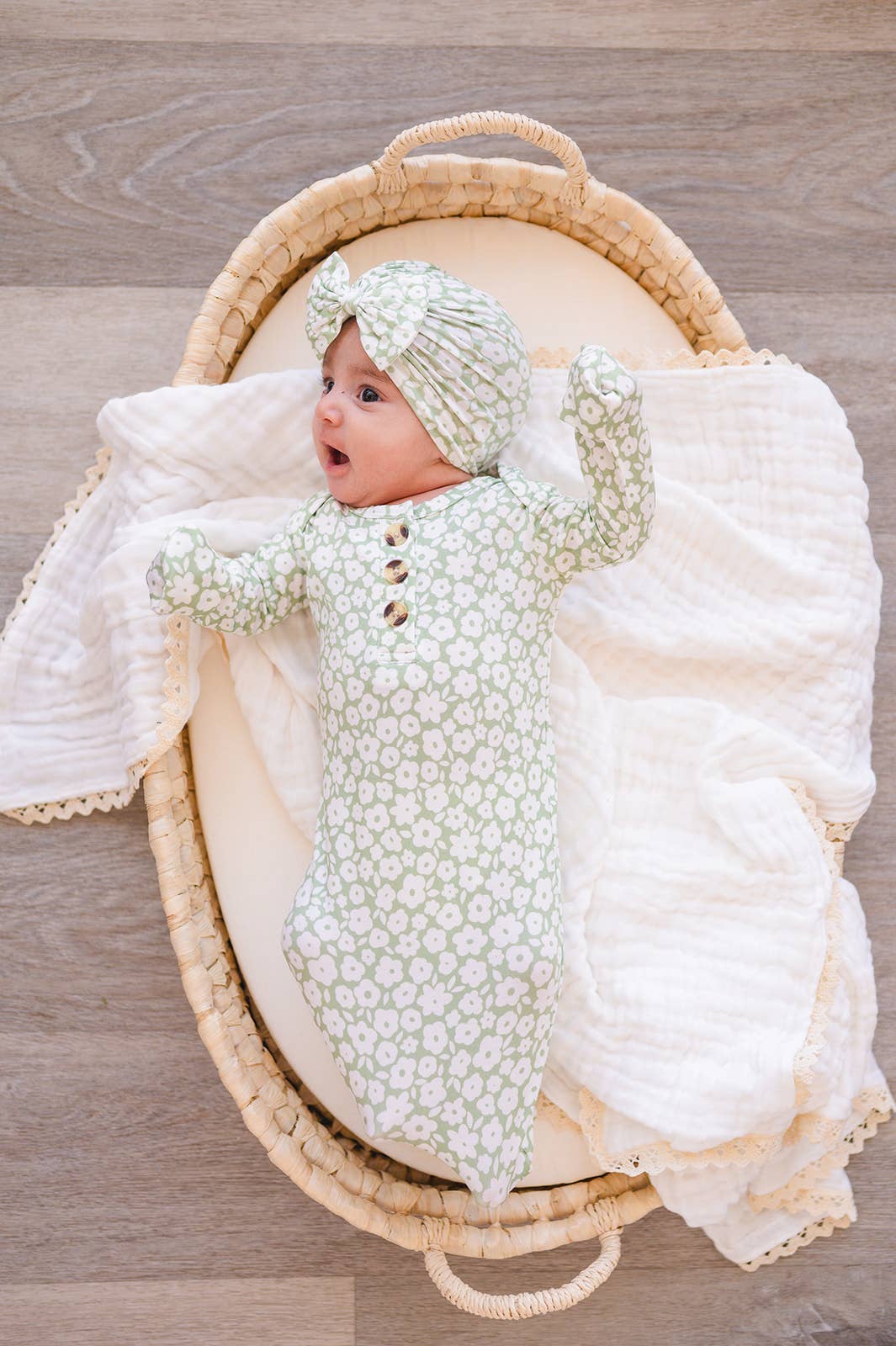 Knotted Baby Gown - Sage Ditsy Floral: Gown and Bow Headband