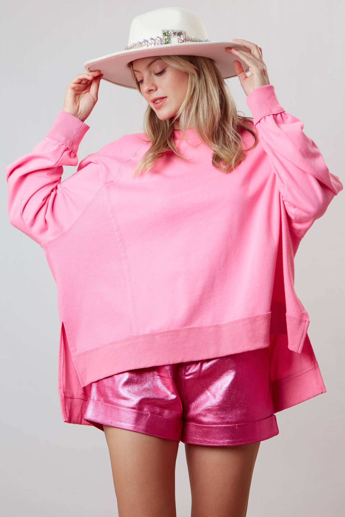 Oversized Top with Reversed Stitch Details (Pink)