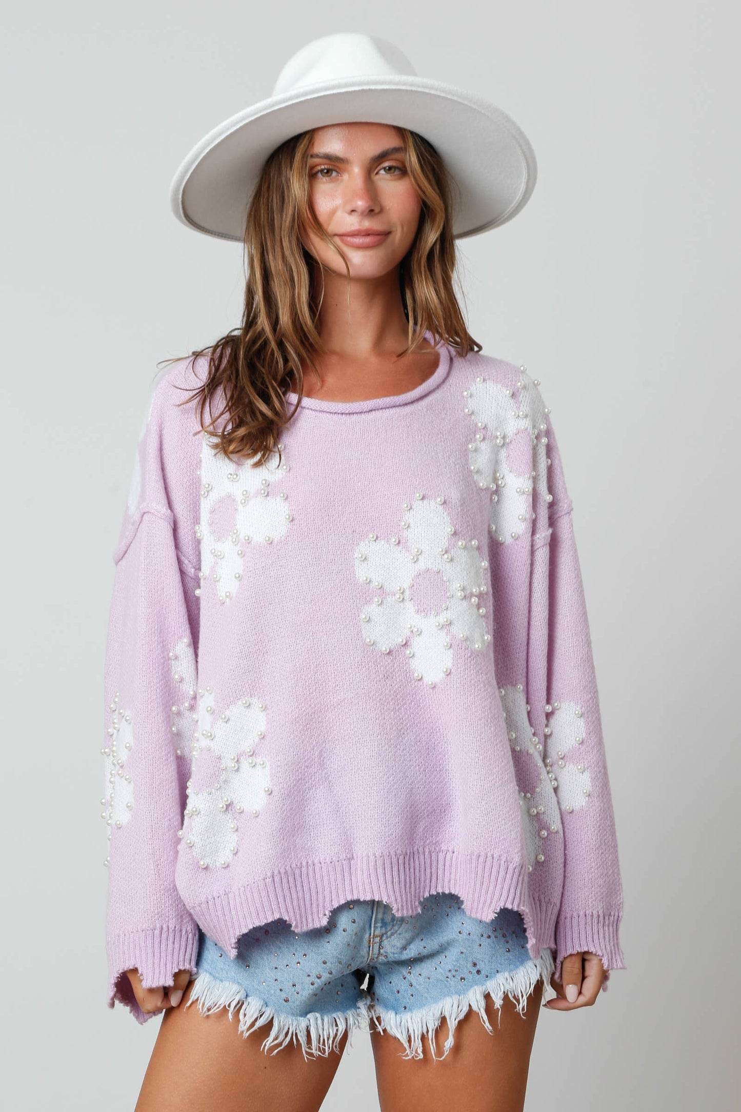 Pearl Studded Daisy Frayed Sweater: Lavender