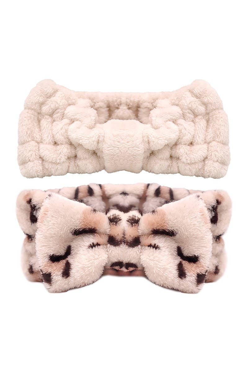 Plush Headband Duo Leopard and Beige