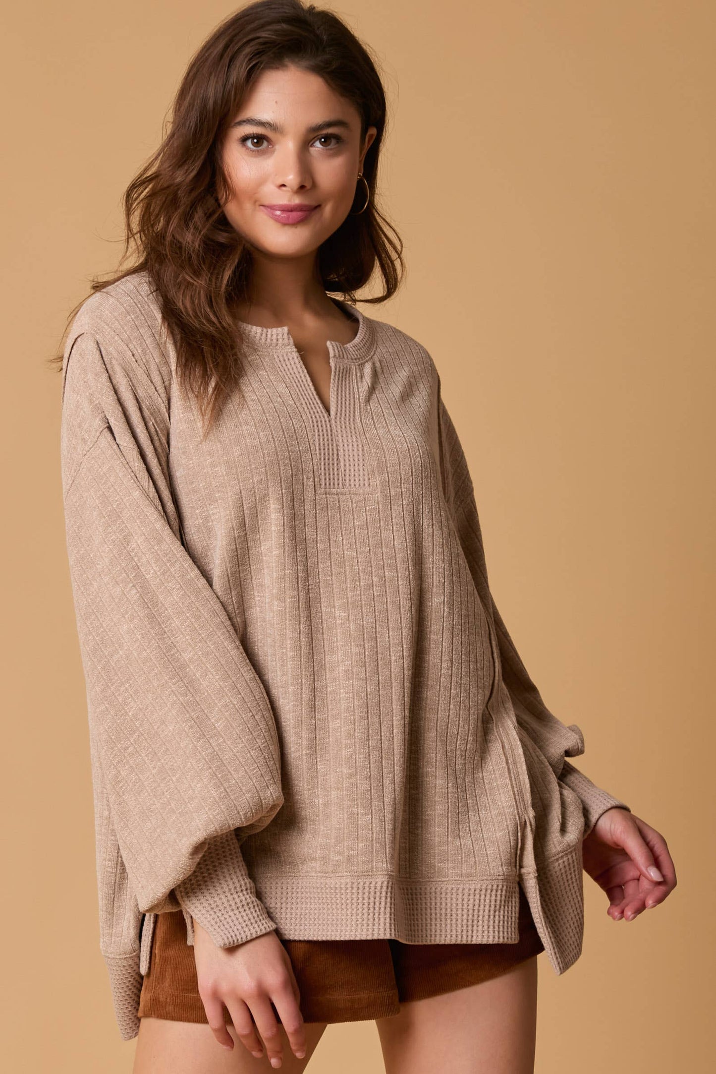 Two Tone Knit Rib Loose Fit Long Sleeve Top