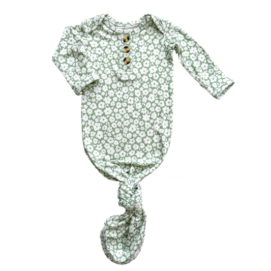 Knotted Baby Gown - Sage Ditsy Floral: Gown and Bow Headband