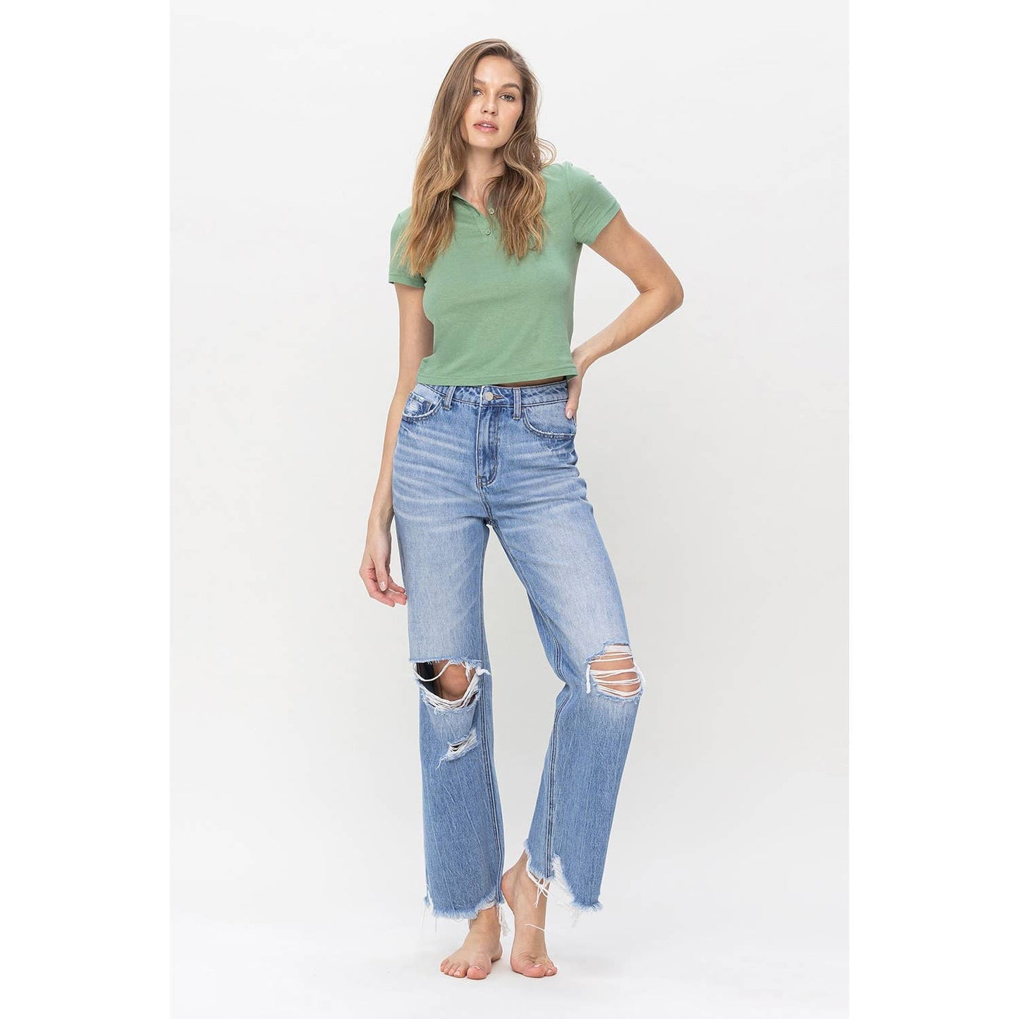 90S VINTAGE HIGH RISE DISTRESSED FLARE JEAN