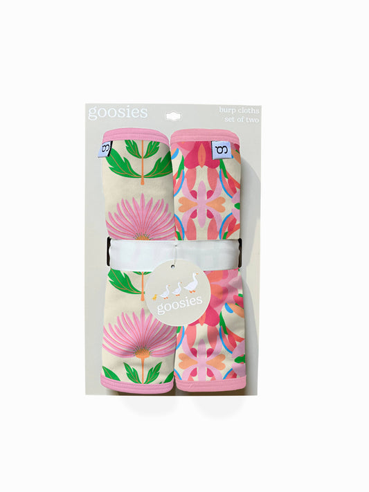 Pink Block Print Flowers - Burp Cloth Set