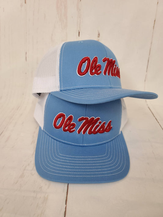 Script Ole Miss Puff Cap: Columbia Blue/White