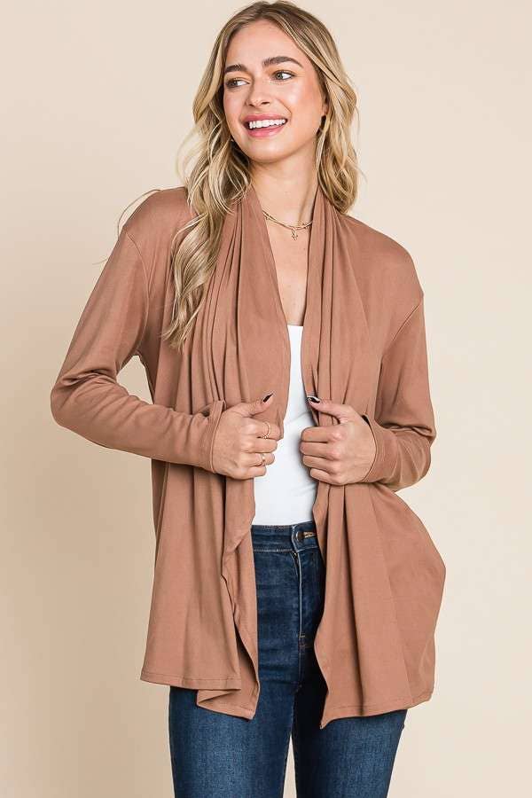 Drape Open-Front Long Sleeve Cardigan (Olive)