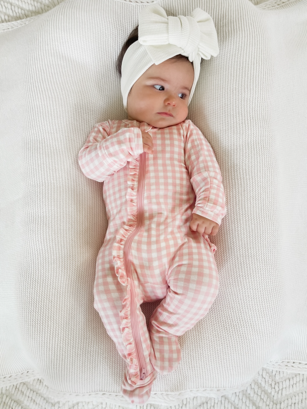 2-Way Zip Ruffle Footie, Pink Gingham: 0 - 3 mo.