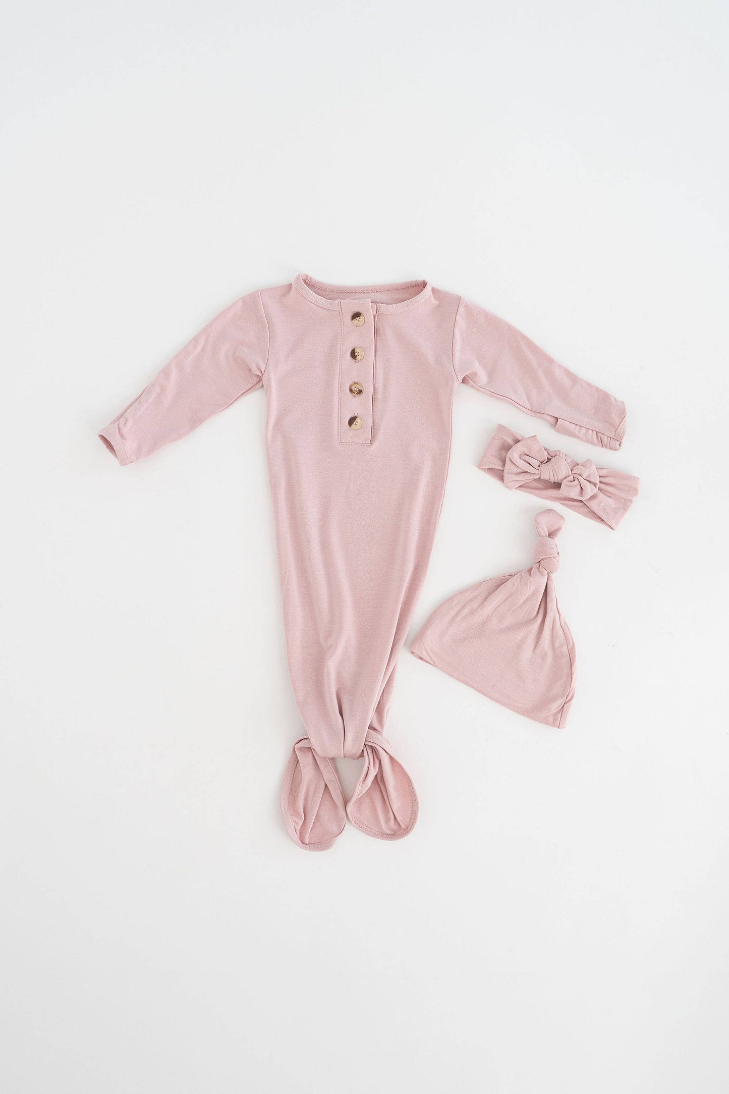 Knotted Baby Gown, Bow, Hat Set - Dusty Rose