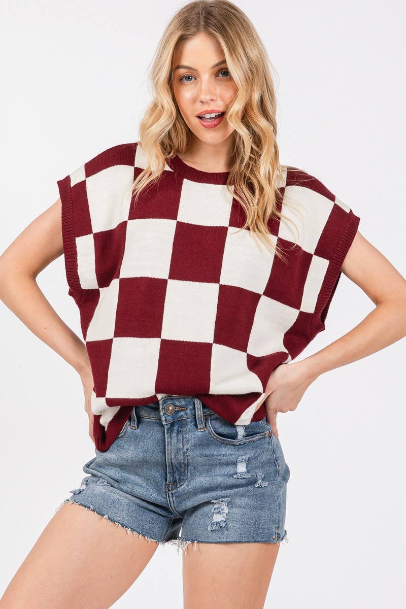 Checkered Knit Top (Maroon/White)