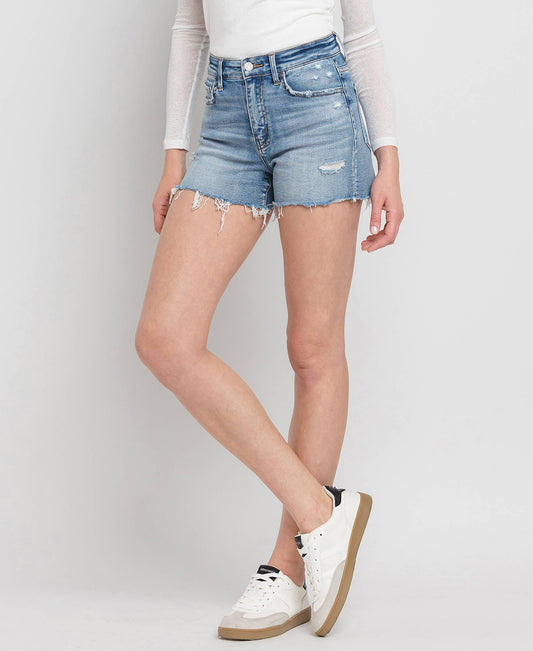 High Rise A Line Denim Shorts