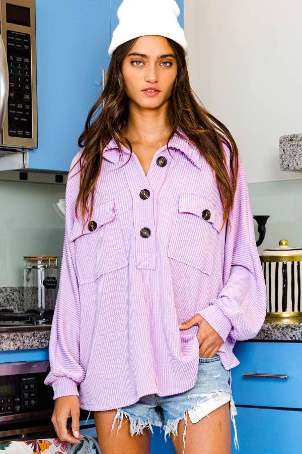 French Terry Knit Collared Loose Fit Top: Lilac