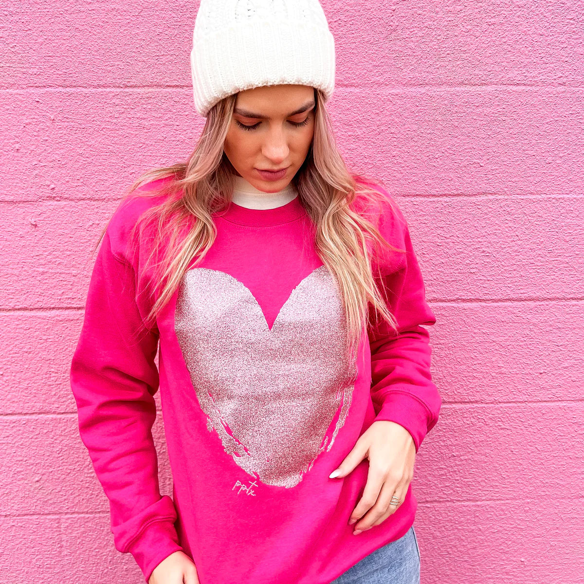 Pink Glitter Heart Crewneck Sweatshirt