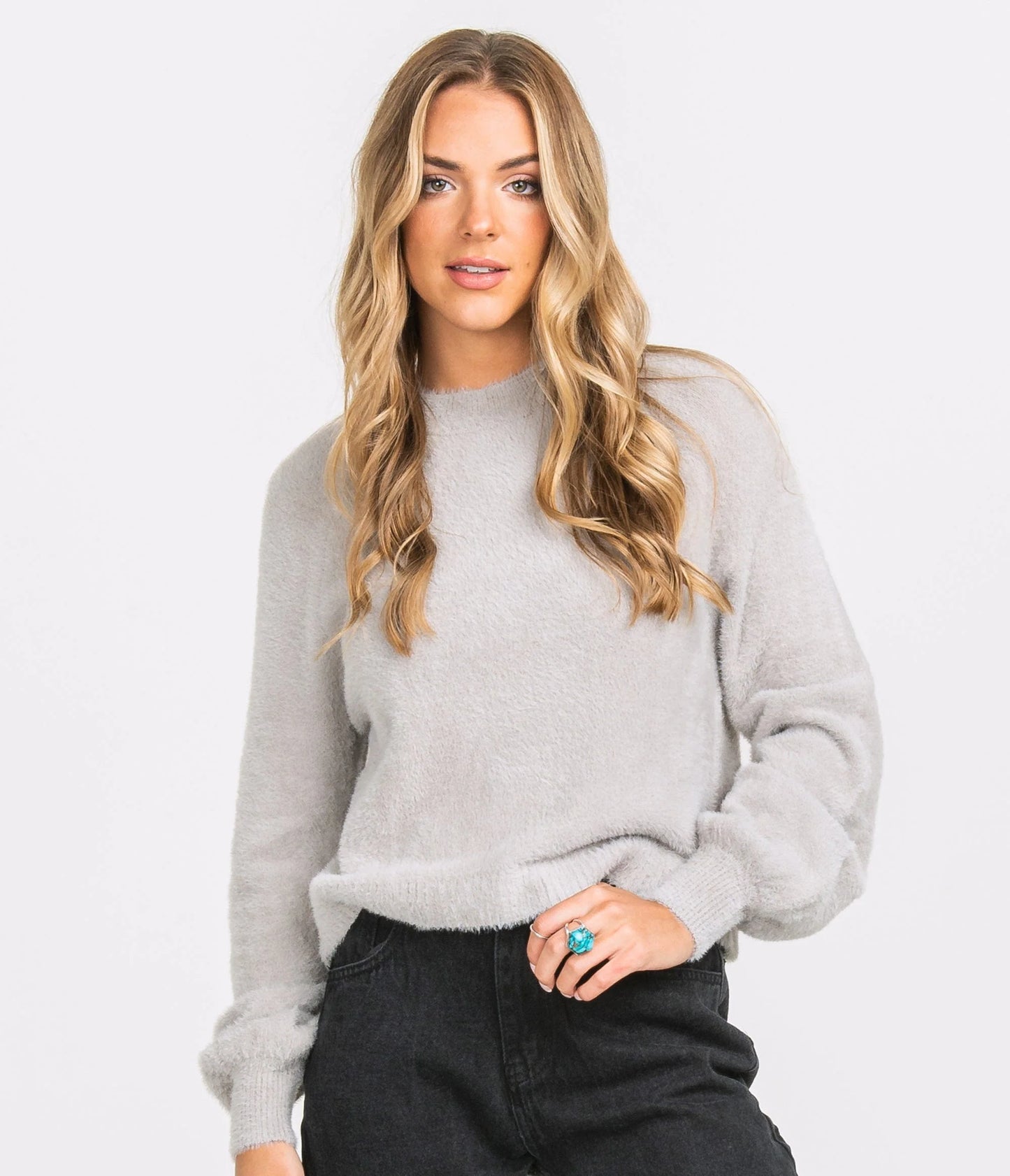 Cropped Feather Knit Sweater (Overcast)