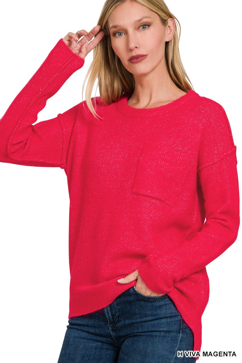 Melange Hi Low Hem Round Neck Sweater