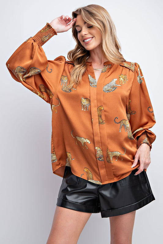 Cheetah Print Satin Blouse