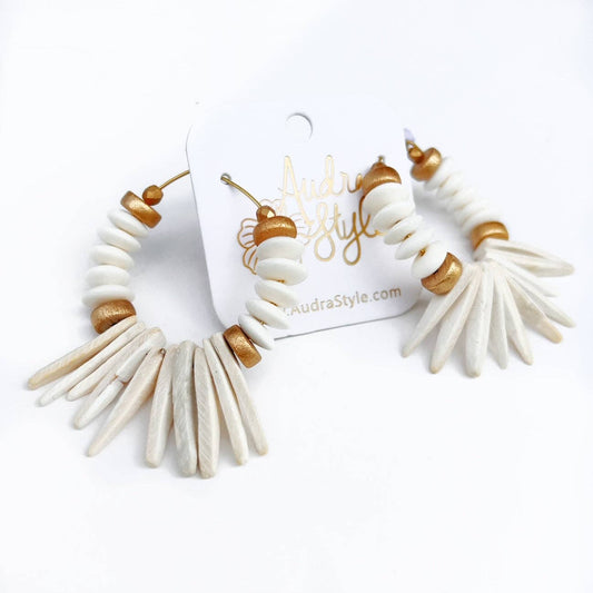 Beaded Hoop Earring - White Shell and Coconut Spike