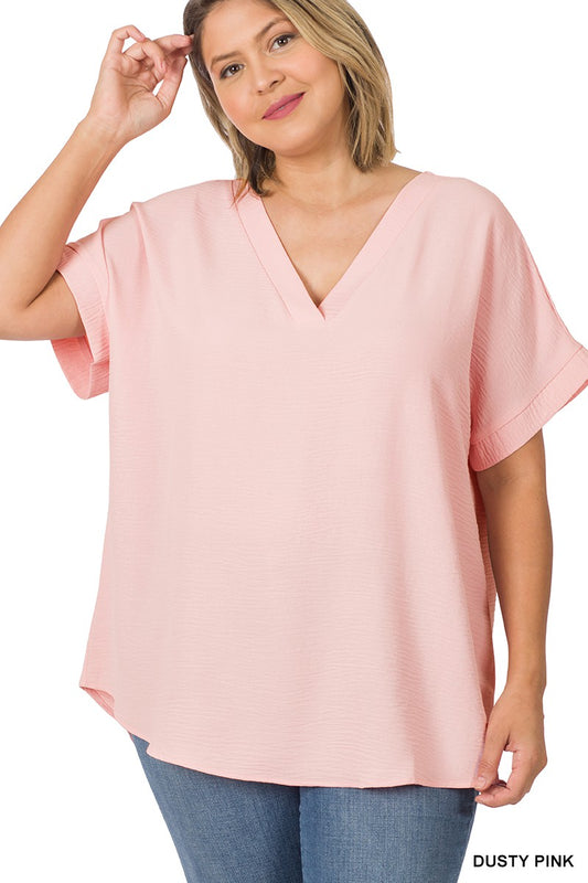 Woven V Neck Top (Dusty Pink)