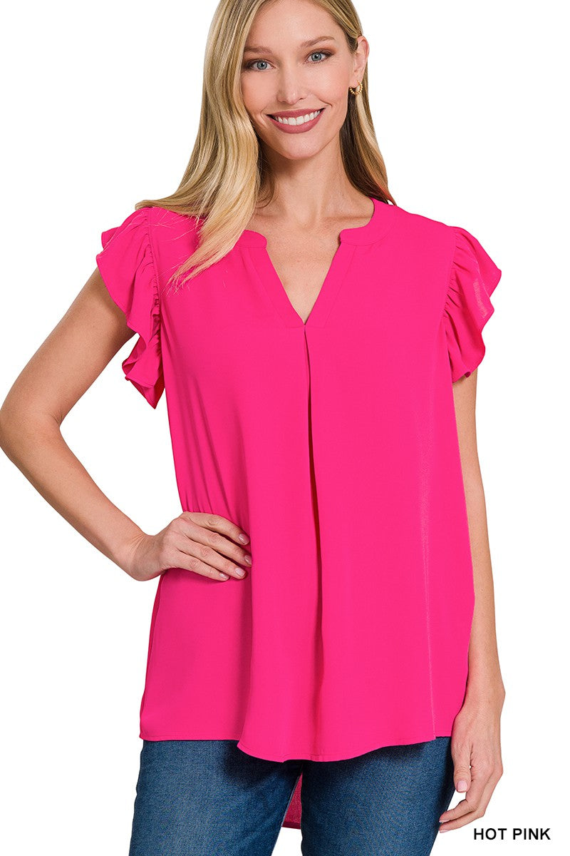 Woven Ruffle Sleeve Top (Hot Pink)