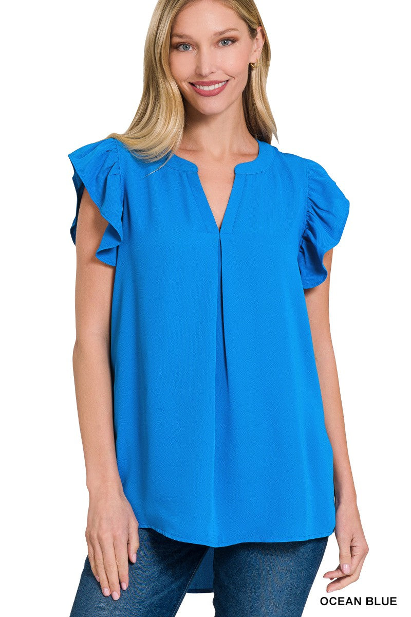 Woven Ruffle Sleeve Top (Ocean Blue)