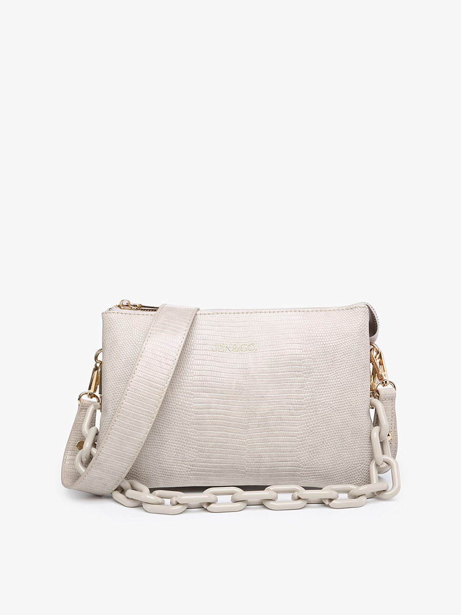 Izzy Lizard Crossbody w/ChainStrap: Lt. Grey or Black