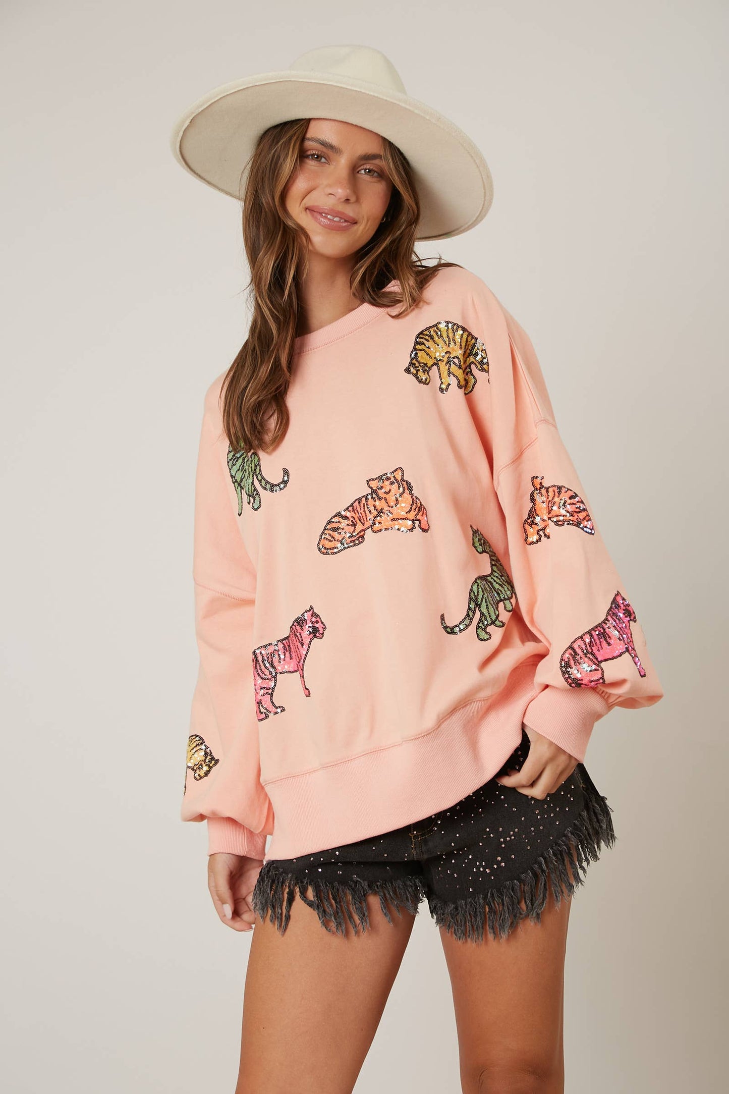 Multi Color Sequin Tiger Sweatshirt: Peach