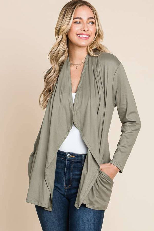 Drape Open-Front Long Sleeve Cardigan (Olive)