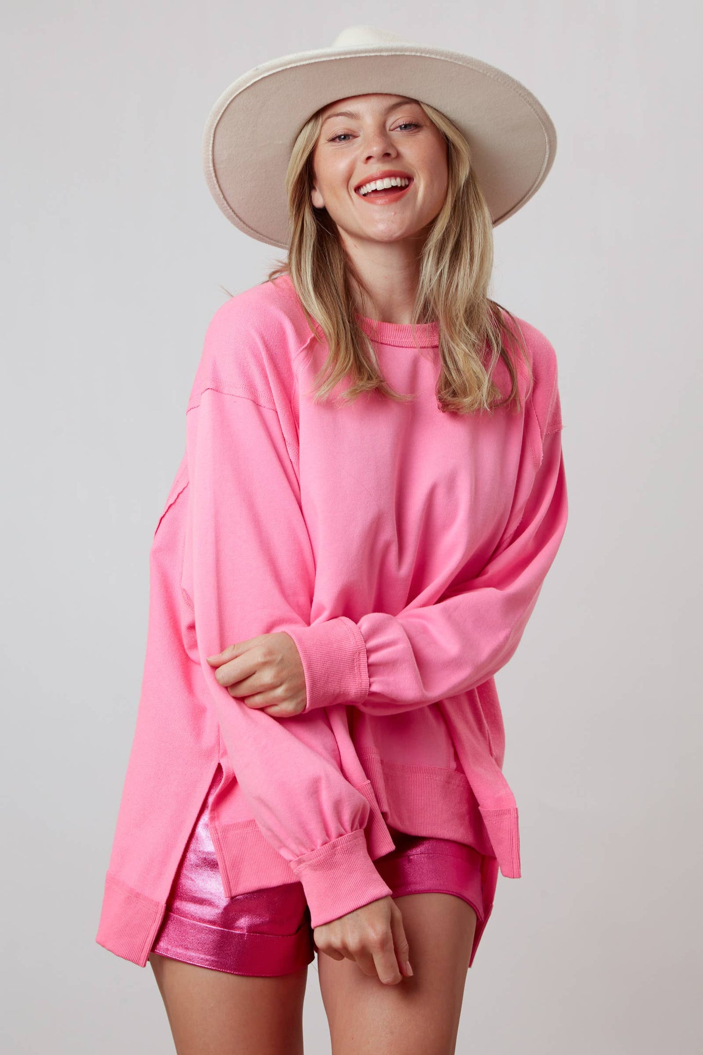 Oversized Top with Reversed Stitch Details (Pink)