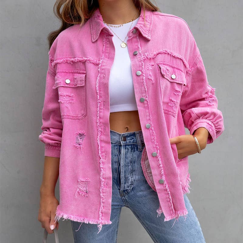 Ripped Loose Denim Jacket: Candy Pink