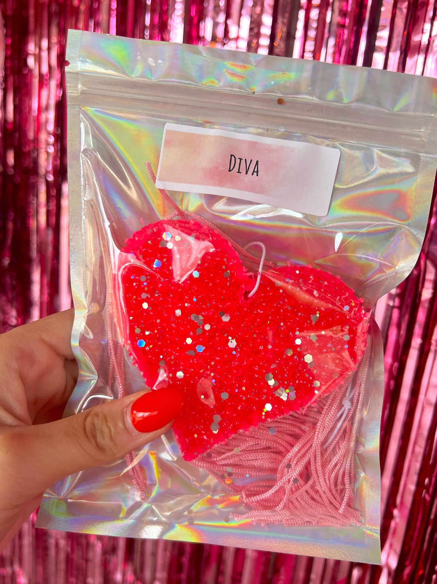 Pink Glitter Fringe Heart Car Freshie: Diva