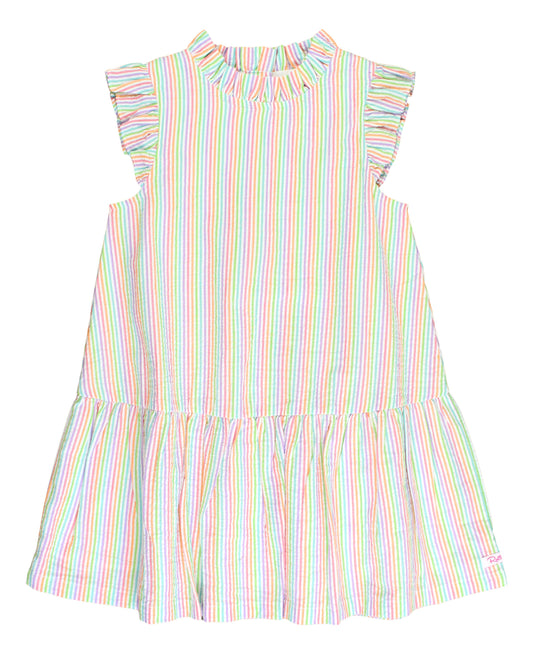 Rainbow Seersucker Mock Neck Sleeveless Flutter Dress