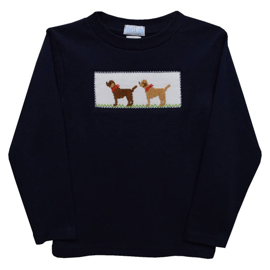 Labrador Smocked Knit Long Sleeve Boys T-Shirt: Navy Blue