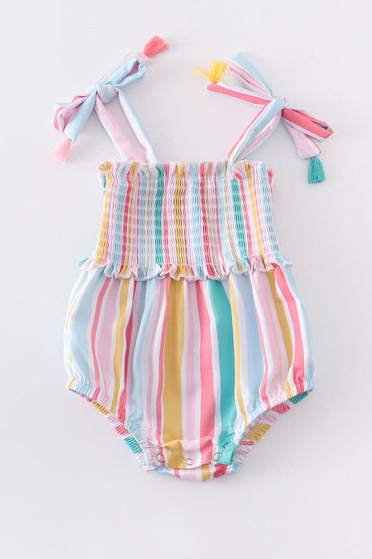 Multicolored stripe tassel smocked baby romper